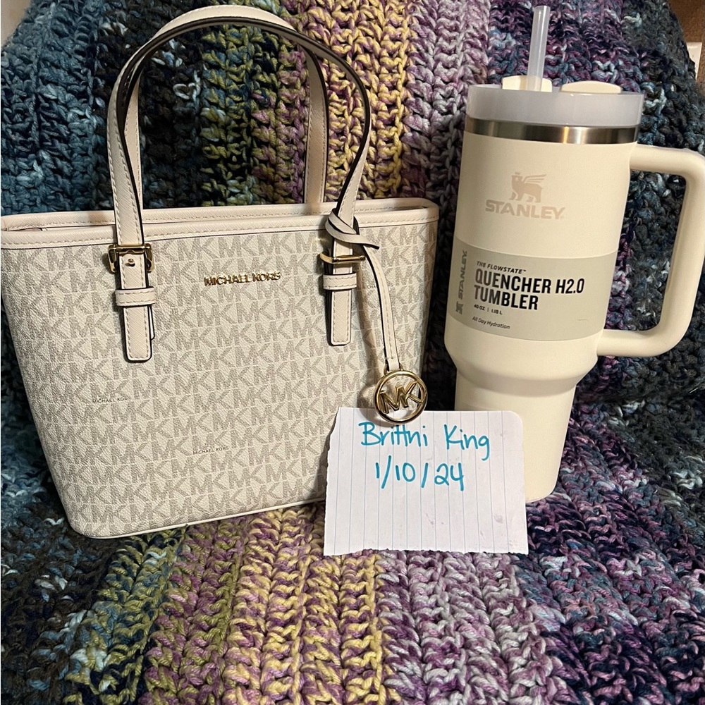 Both new with tags!! Small zip top Michael Kors purse and Cream 40oz Stanley. - Picture 3 of 5